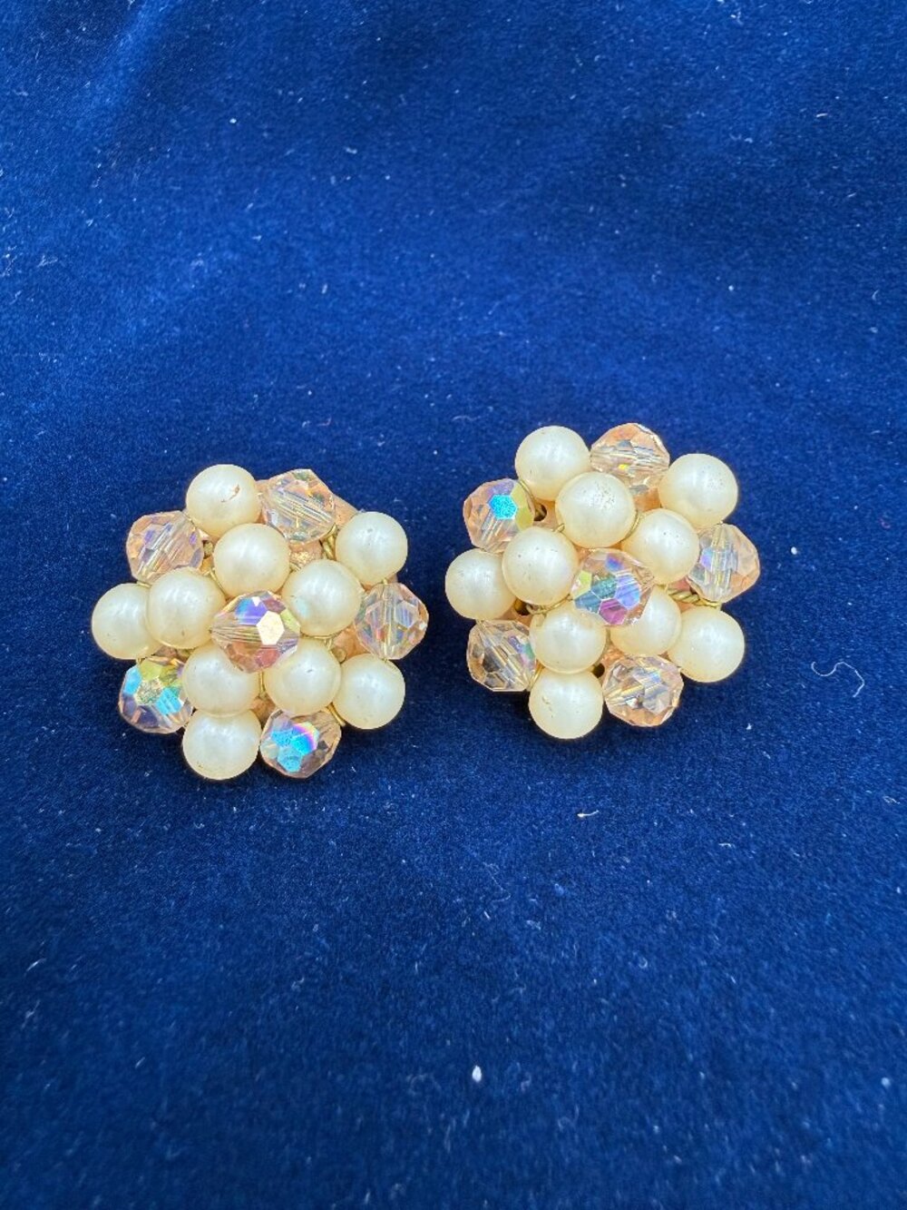 Vintage Faux Pearl & Iridescent Aurora Borealis Glass Bead Clip-On Earrings
